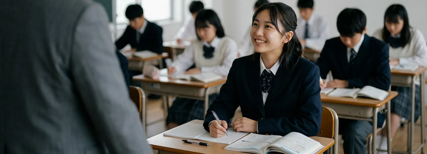制服を着た女子生徒が教室で教師に向かって笑顔を向け、ノートを開いて授業に臨んでいる